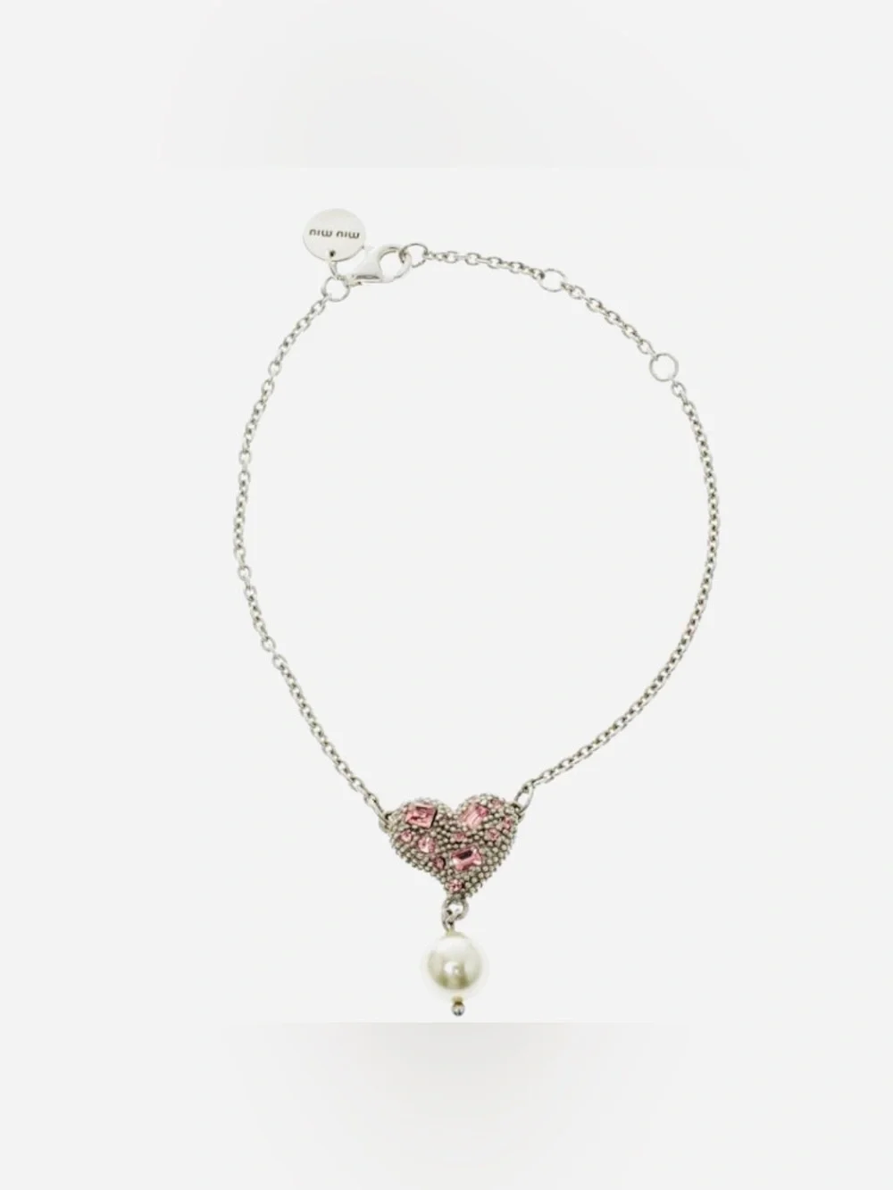 Miu Miu Crystal Faux Pearl Heart Silver Chain Bracelet - Picture 1 of 6